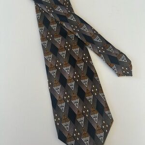 TODAY’S MAN Mens Silk Tie Geometric Argyle Brown Gold Gray Italy 3.5”x58”